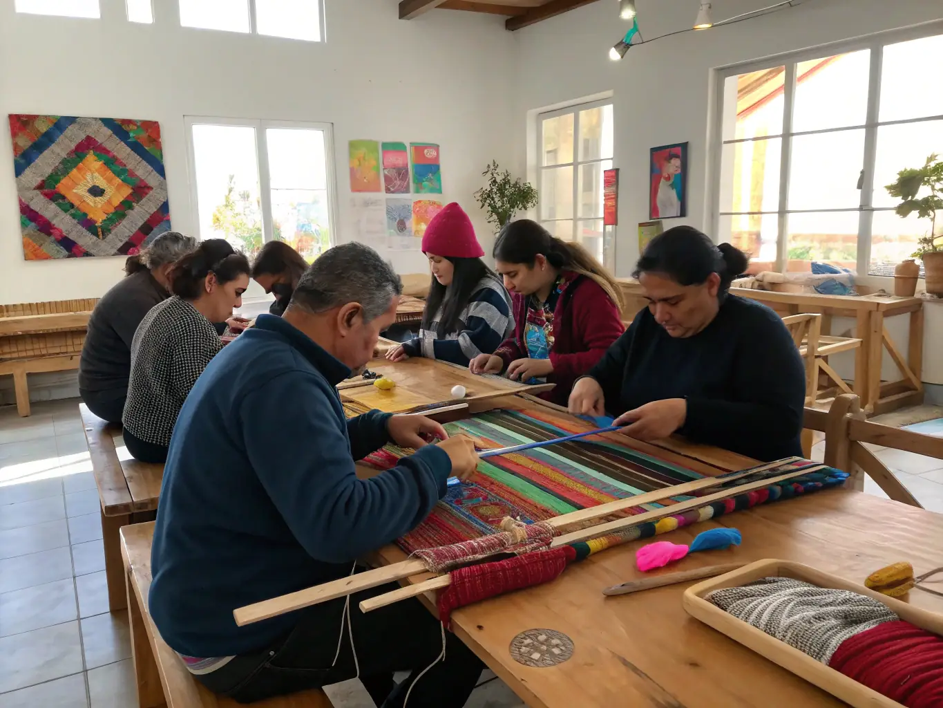 A photograph of community members participating in a cultural heritage workshop, learning traditional skills such as pottery or weaving. The atmosphere is engaging and collaborative.